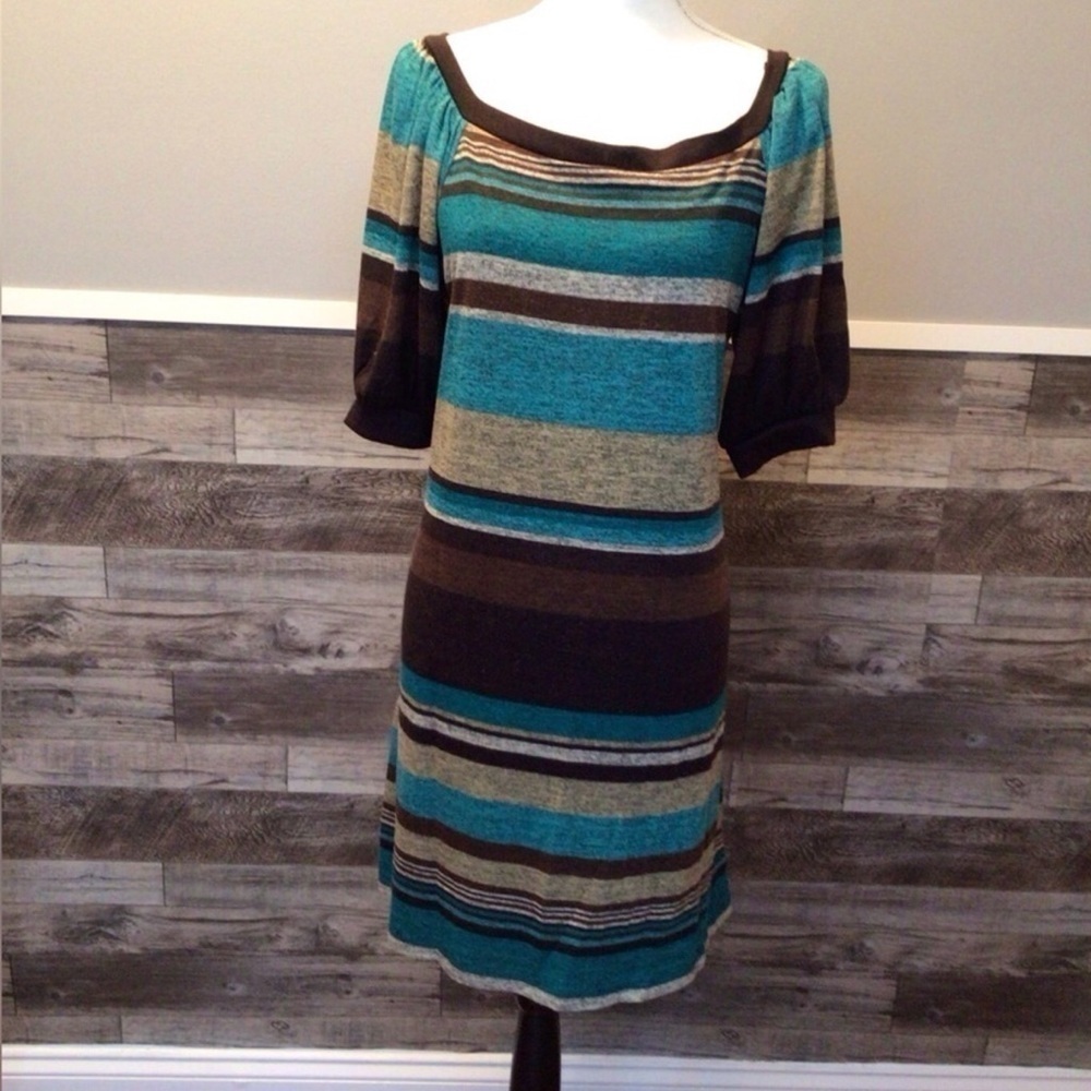 Perceptions Blue Brown Striped Knit Dress 3/4 Sleeve Casual (13B)